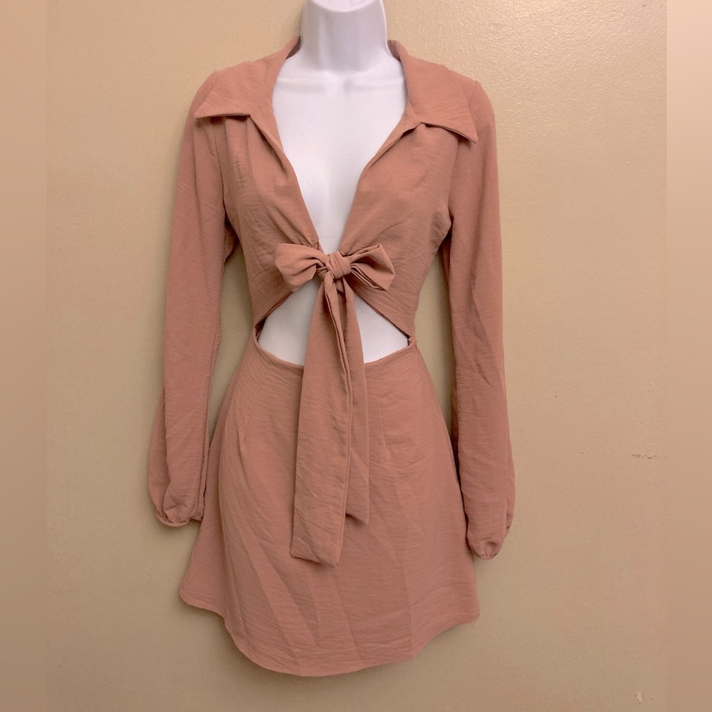 Blue Blush collared mini dress with long sleeves and belly cutouts